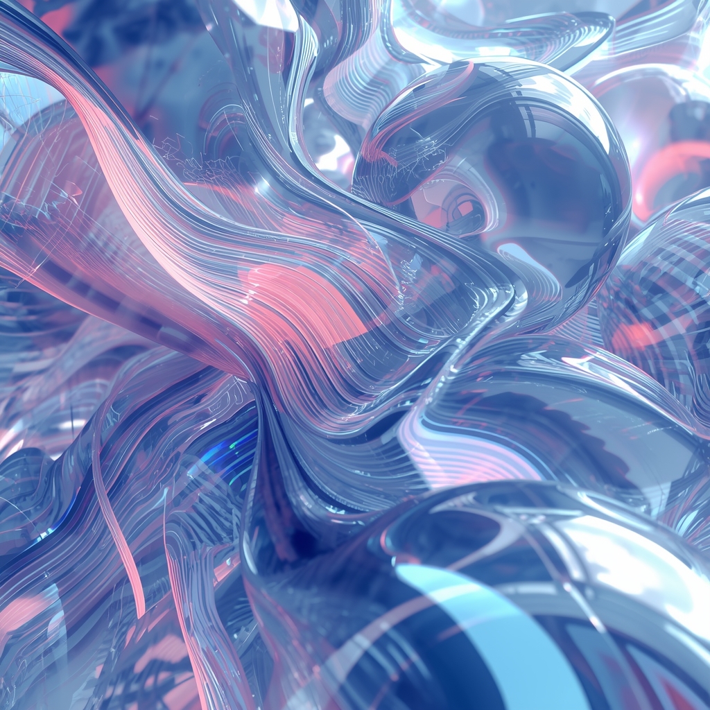 Abstract 3D render of flowing glass spheres and iridescent light paths, professional artistic composition.
